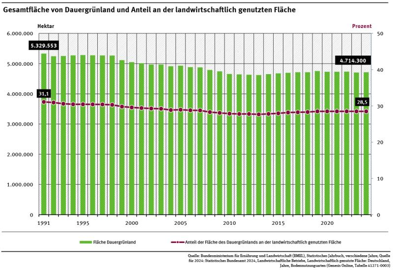 Ein Diagramm zeigt die Dauergrünlandfläche und ihren Anteil an der landwirtschaftlich genutzten Fläche von 1991 bis 2024. Beide Indikatoren zeigen vor 2013 einen rückläufigen Trend und sind nach 2013 wieder etwas gestiegen. Zuletzt stagnierten die Werte. 